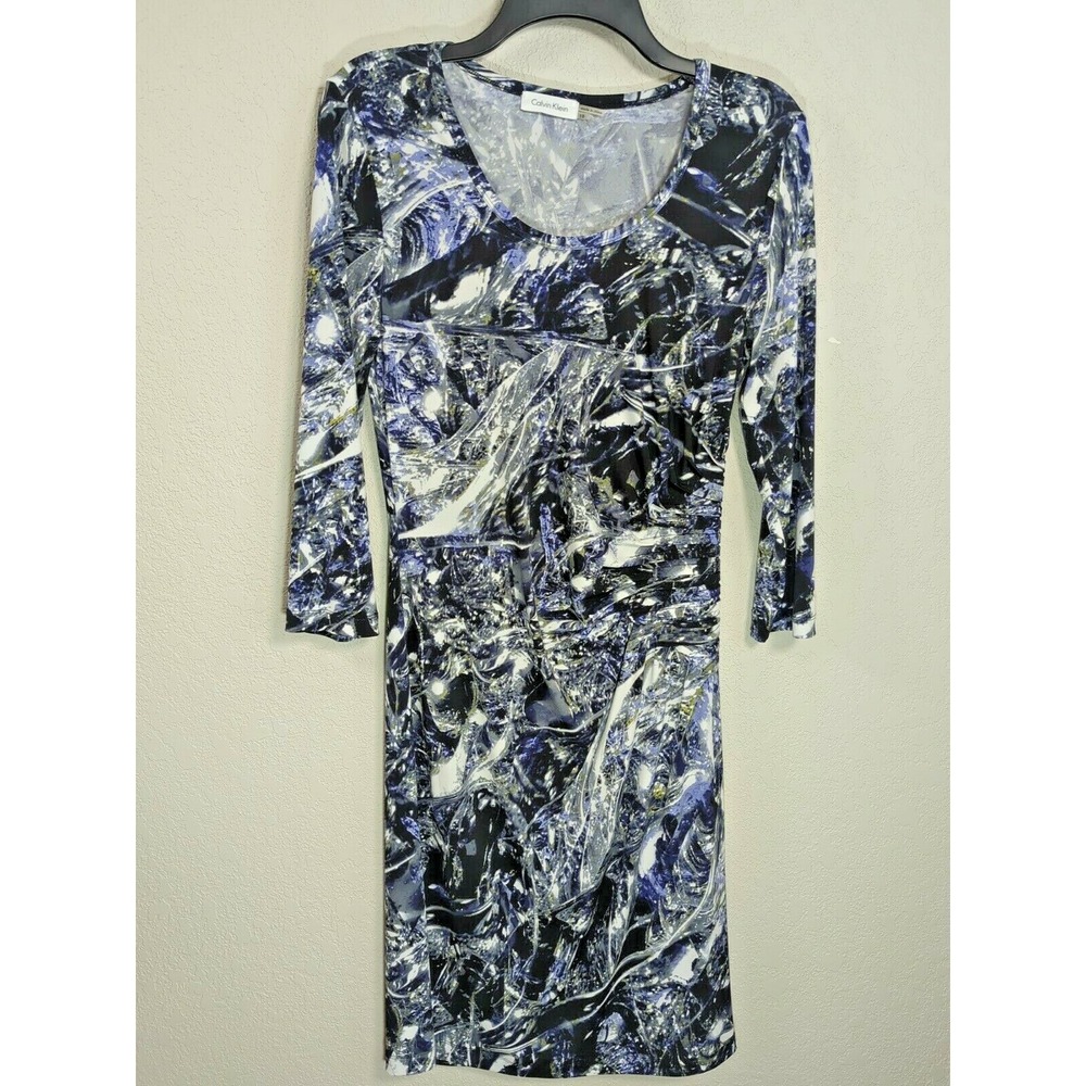 Calvin Klein Black Purple Print Stretch Dress‎ Side Gather Knee Length Size 10